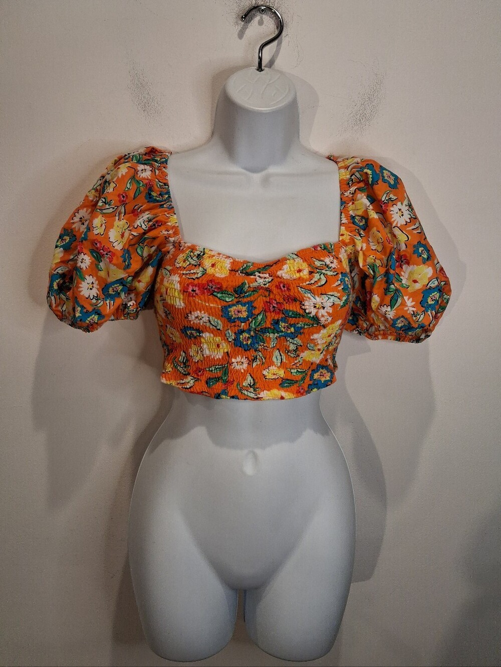 Zara Size S Orange Tropical Floral Crop Puff Sleeves Top